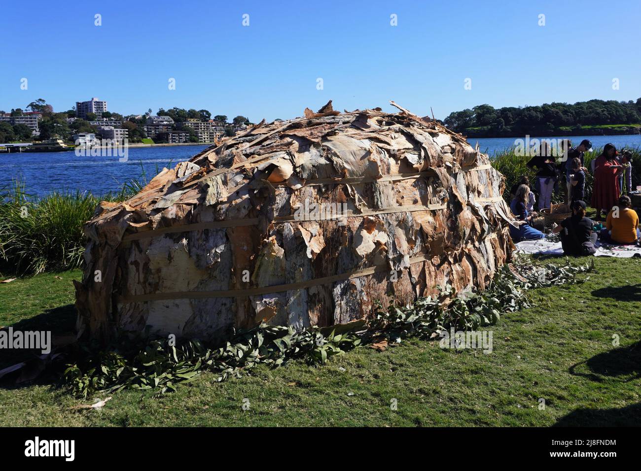 Aboriginal Shelter on Display during a Mother’s Day Breakfast at Barangaroo Reserve Stock Photo