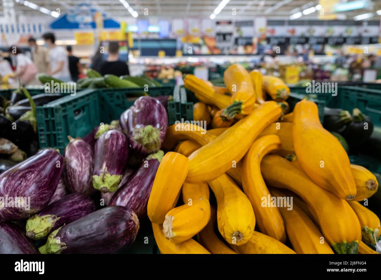 Close up Organic Long Purple Aubergine or Eggplant Solanum melongena and squash in the market. Stock Photo