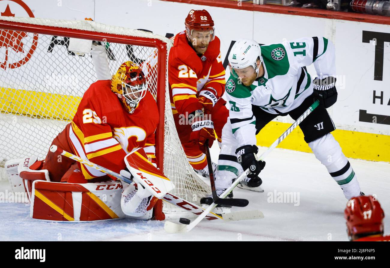 May 15, 2022, Calgary, AB, CANADA: Calgary Flames goalie Jacob Markstrom  makes a save during first period NHL playoff hockey against the Dallas  Stars action in Calgary, Alta., Sunday, May 15, 2022. (
