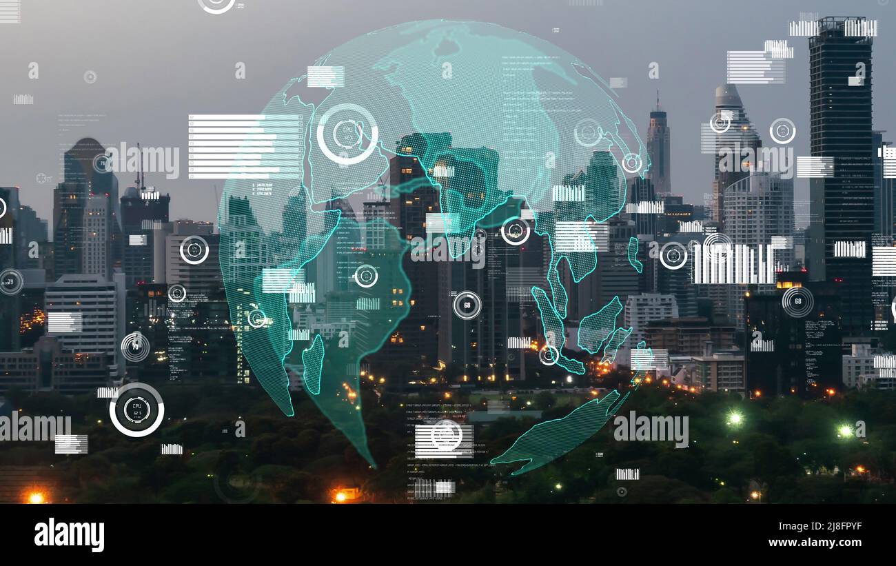 Global connection and the internet network alteration in smart city . Concept of future wireless digital connecting and social media networking . Stock Photo