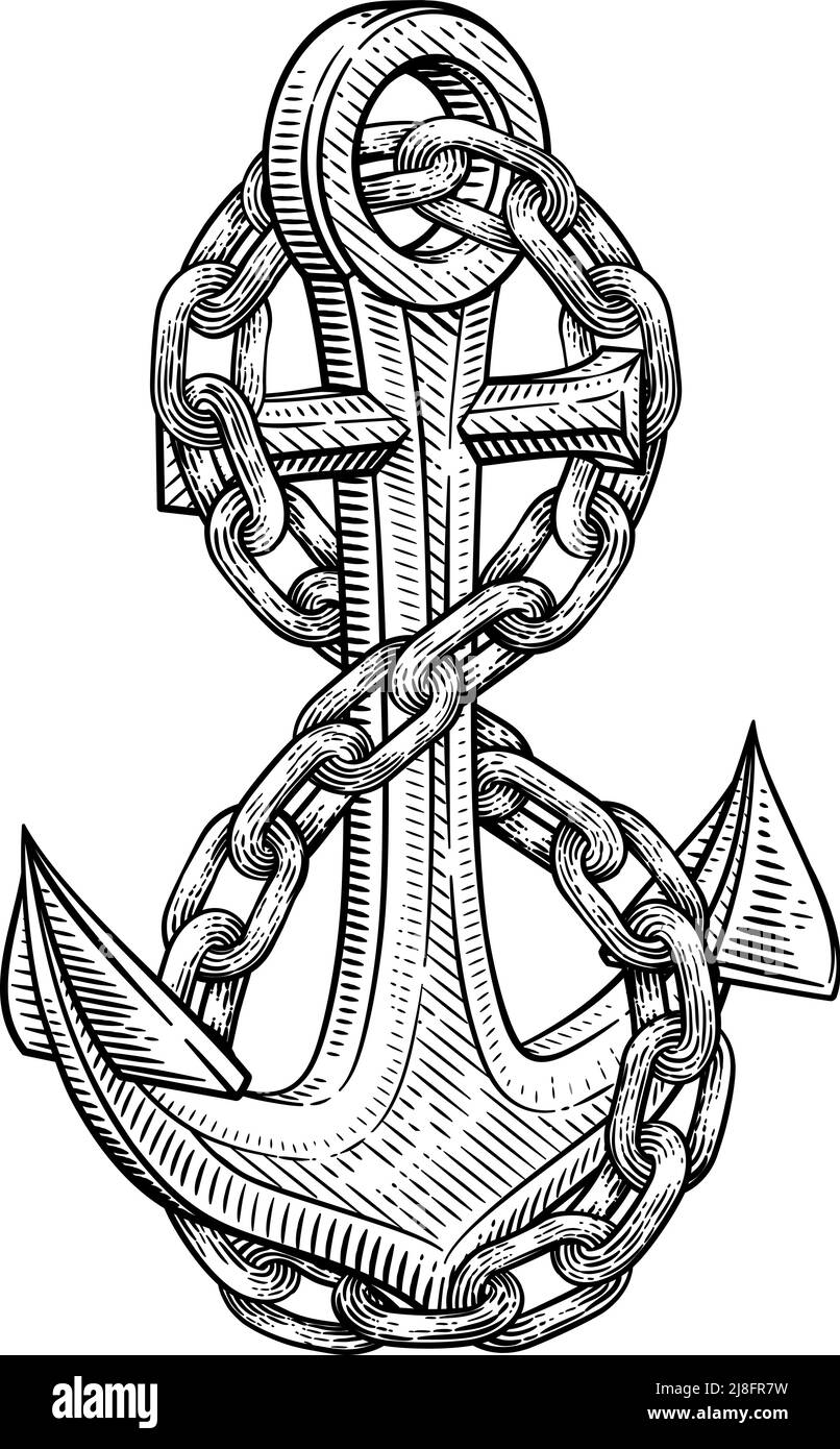 A Ship Anchor And Chain Nautical Woodcut Drawing Stock Vector