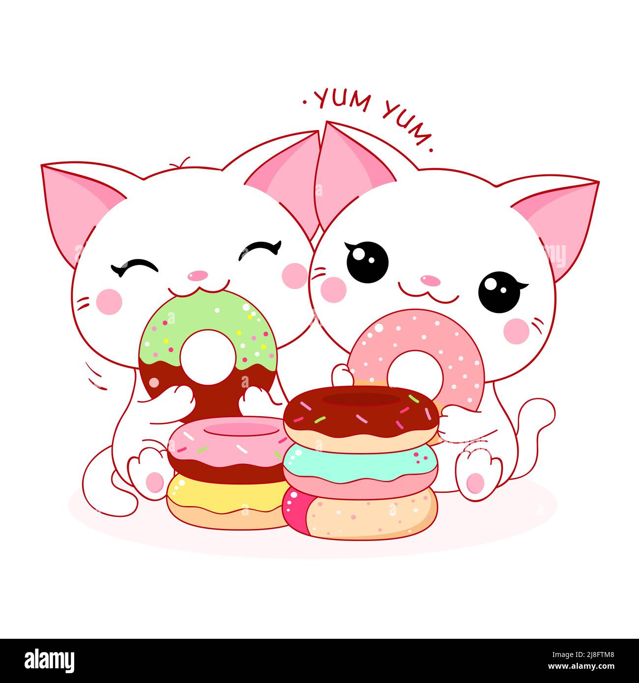 Two cute white cats with donuts. Inscription Yum yum. Kawaii little kitty are happy to eat donut. Friends have picnic. Vector illustration EPS8 Stock Vector