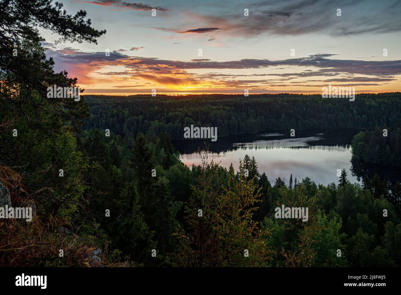 Scenic and beautiful view of a lake, forest and dramatic sky from the observation point in Aulanko, Hämeenlinna, Finland, in the summer at sunrise. Stock Photo