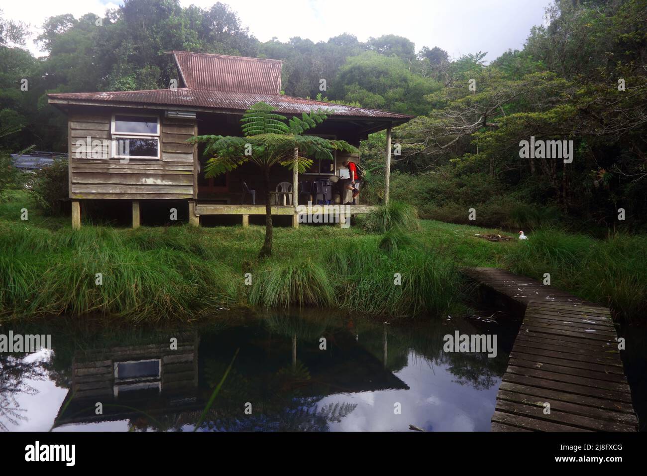 Rustic timber cottage with pond, Possum Valley, in the rainforest near Ravenshoe, Atherton Tableland, Queensland, Australia. No PR or MR Stock Photo