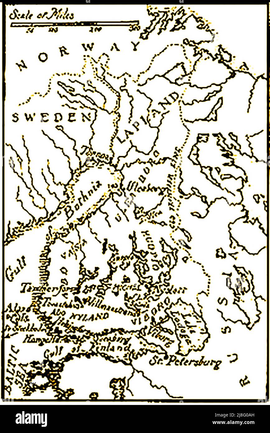 A 1902 map of the Finland, Lapland, Norway, Sweden and Russia region with distances in English miles Stock Photo