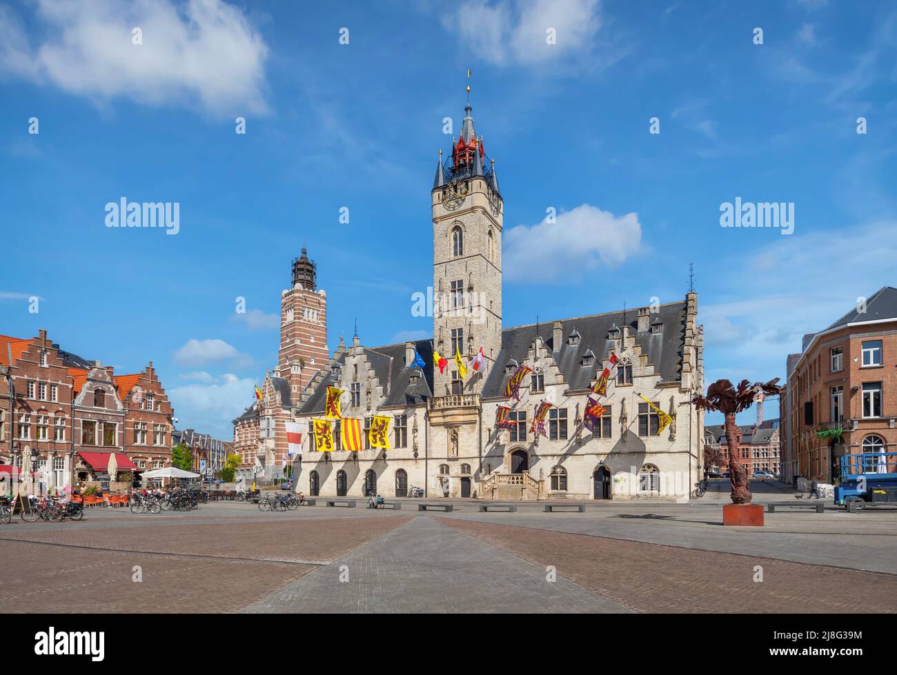 Dendermonde, Belgium. View of historic building of Town Hall with belfry tower on Grote Markt square Stock Photo