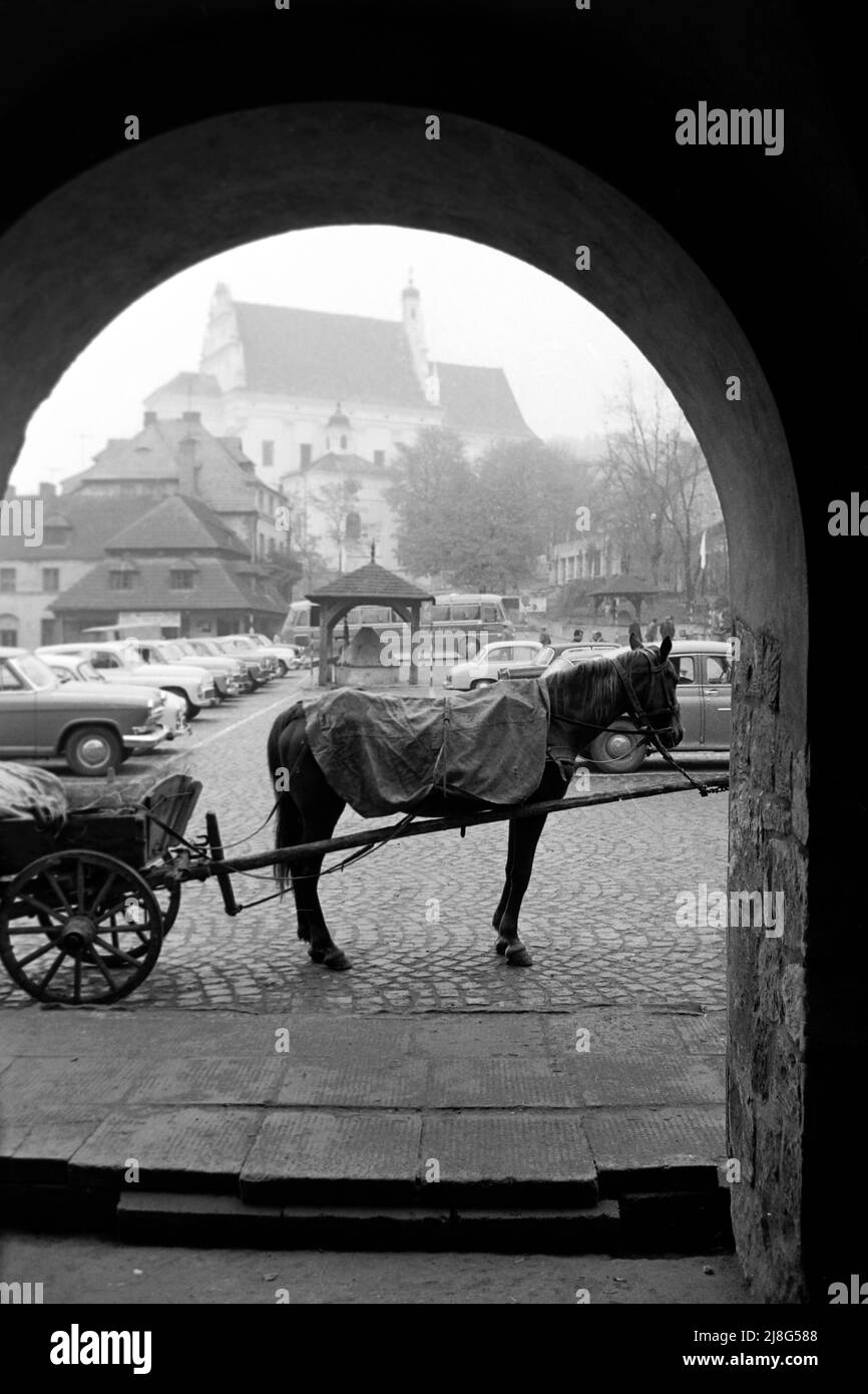 Pferdekarren auf dem Marktplatz von Kazimierz Dolny, Woiwodschaft Lublin, 1967. Horse-drawn cart on Kazimierz Dolny market square, Lublin Vovoideship, 1967. Stock Photo