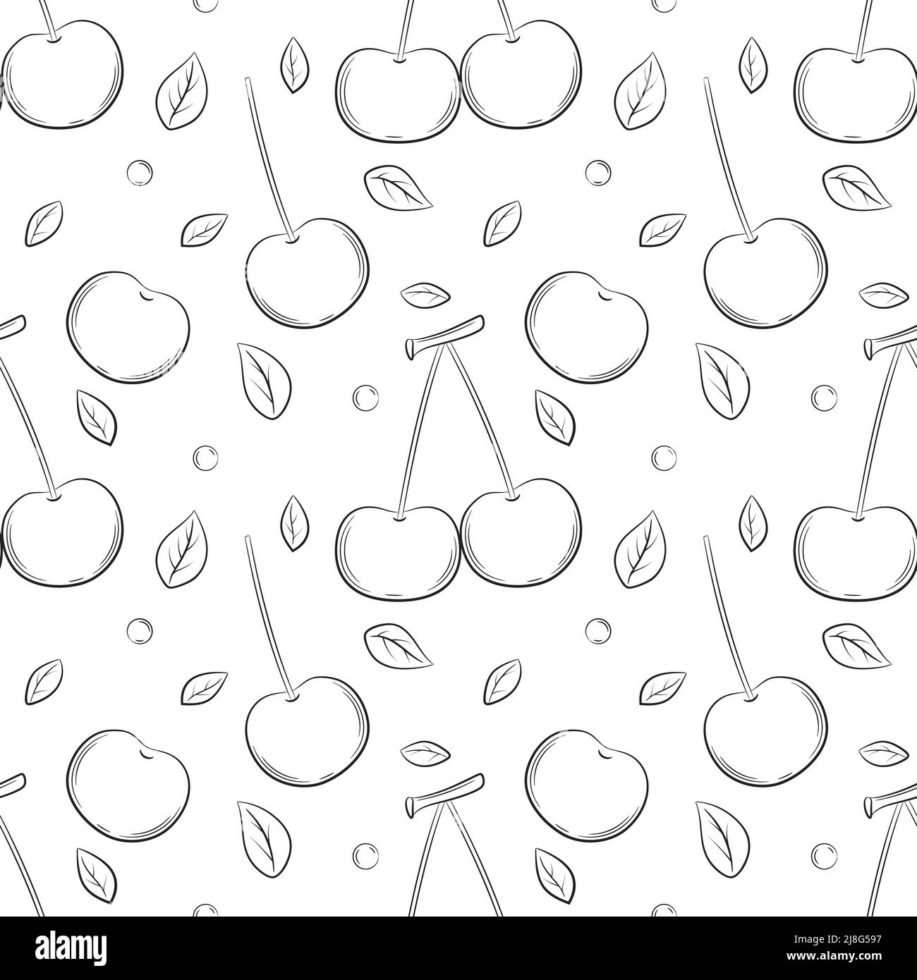 Monochrome black and white fruit seamless pattern. Hand-drawn cherry berries with leaves. A simple outline background for web design, product packagin Stock Vector