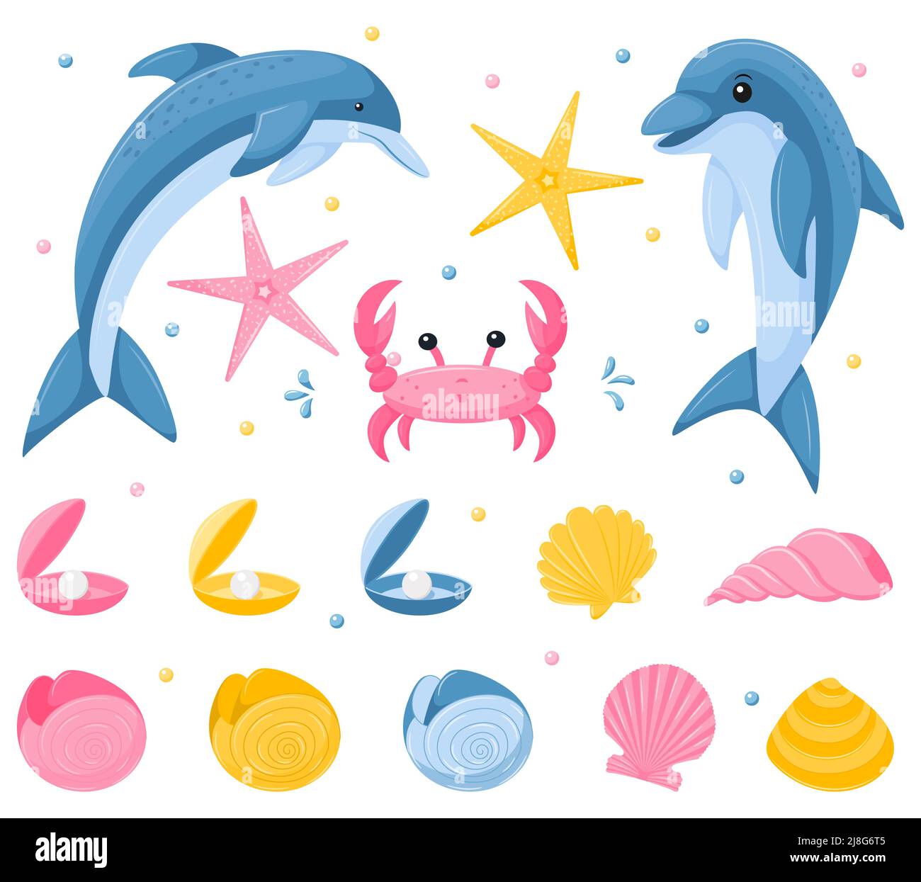 A set of marine underwater animals. Dolphins, crab, seashells and starfish. Cute characters in a flat, cartoon style. Vector illustrations isolated on Stock Vector
