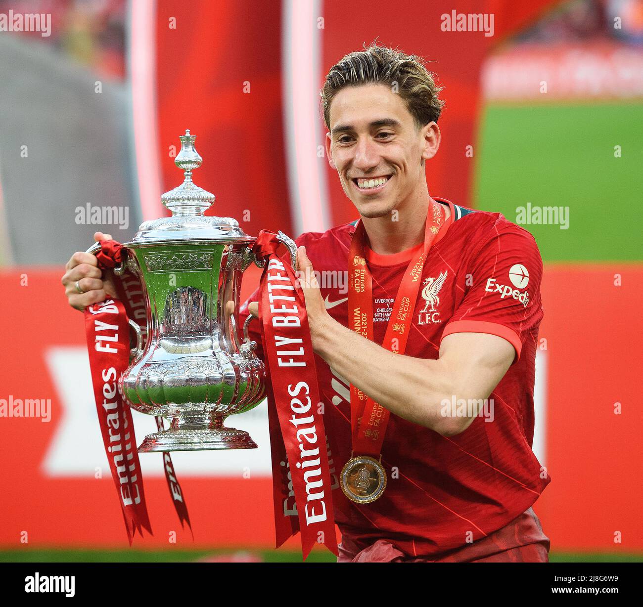 14 May 2022 - Chelsea v Liverpool - Emirates FA Cup Final - Wembley Stadium  Kostas Tsimikas celebrates with the FA Cup at Wembley Stadium Picture Credit : © Mark Pain / Alamy Live News Stock Photo
