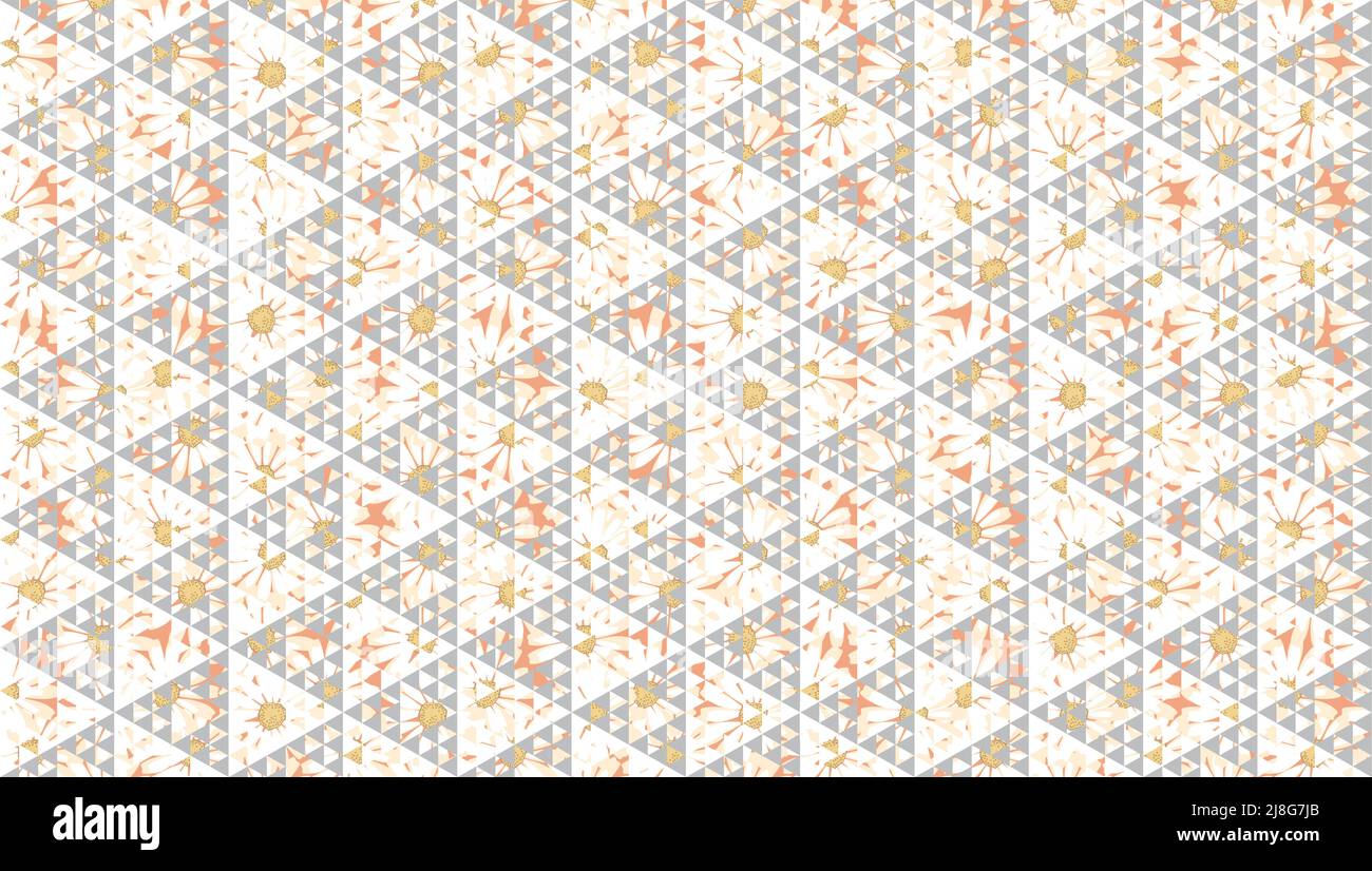 Abstract Triangles Ornament Vector Illustration. Geometric Seamless Pattern Design Template. Triangular Shapes. Beige Gray White Color Theme. Stock Vector