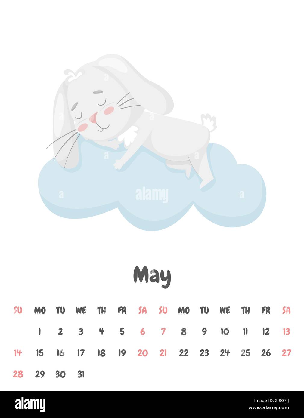 Calendar Page For The Month Of May 2023 With A Cute Smiling Rabbit Sleeping  On A Cloud. Adorable Animal, A Character In Pastel Colors. Children's Cale  Stock Vector Image & Art - Alamy