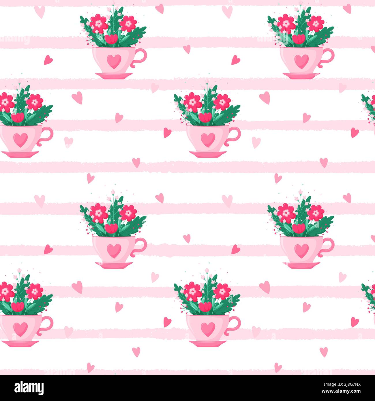 A bright seamless pattern of floral arrangement in a pink tea cup with a heart. A festive, cute, summer bouquet with simple flowers. Vector illustrati Stock Vector
