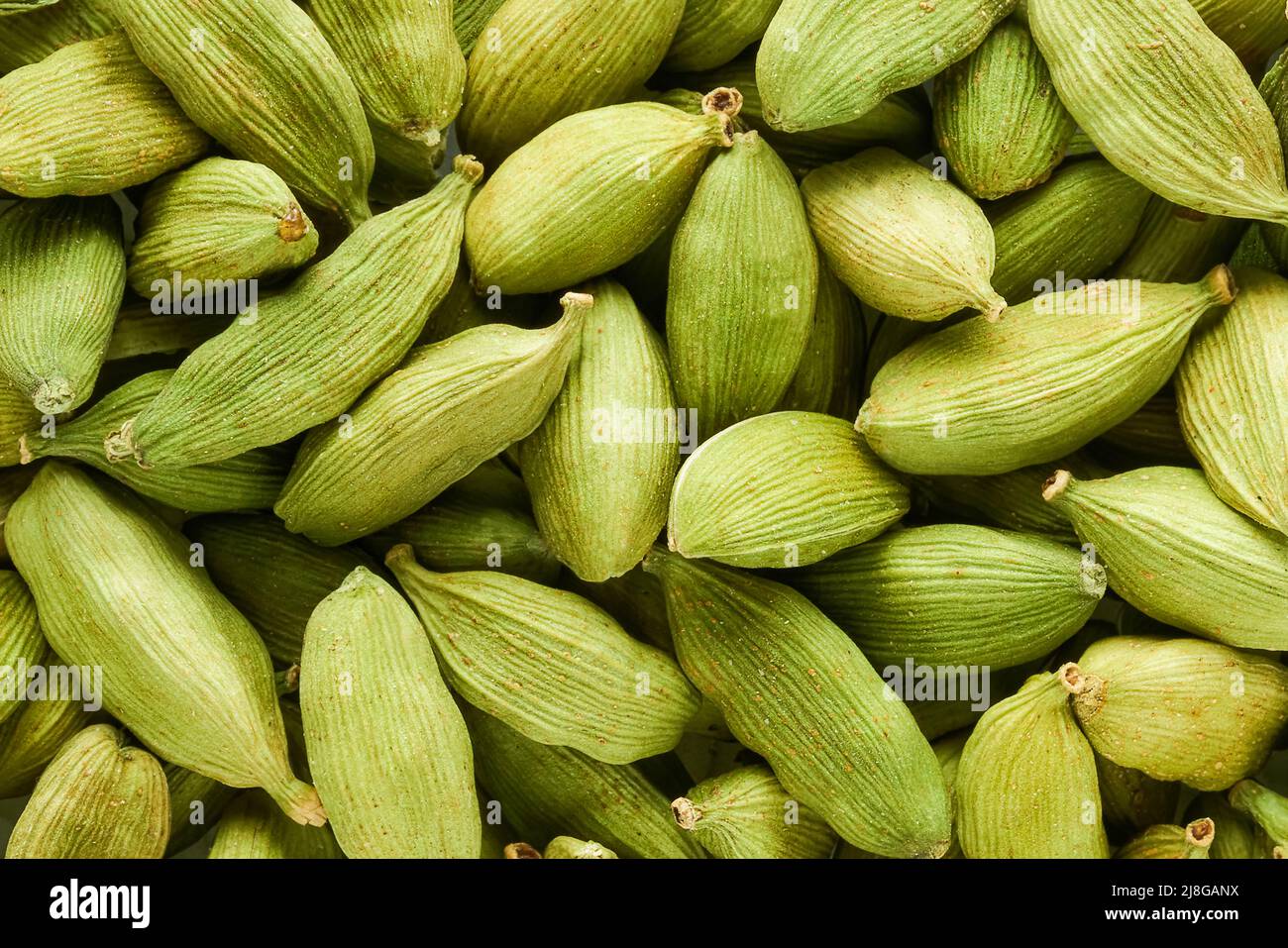 Green organic cardamom or elakka. Food background. Top view. Close up. Stock Photo