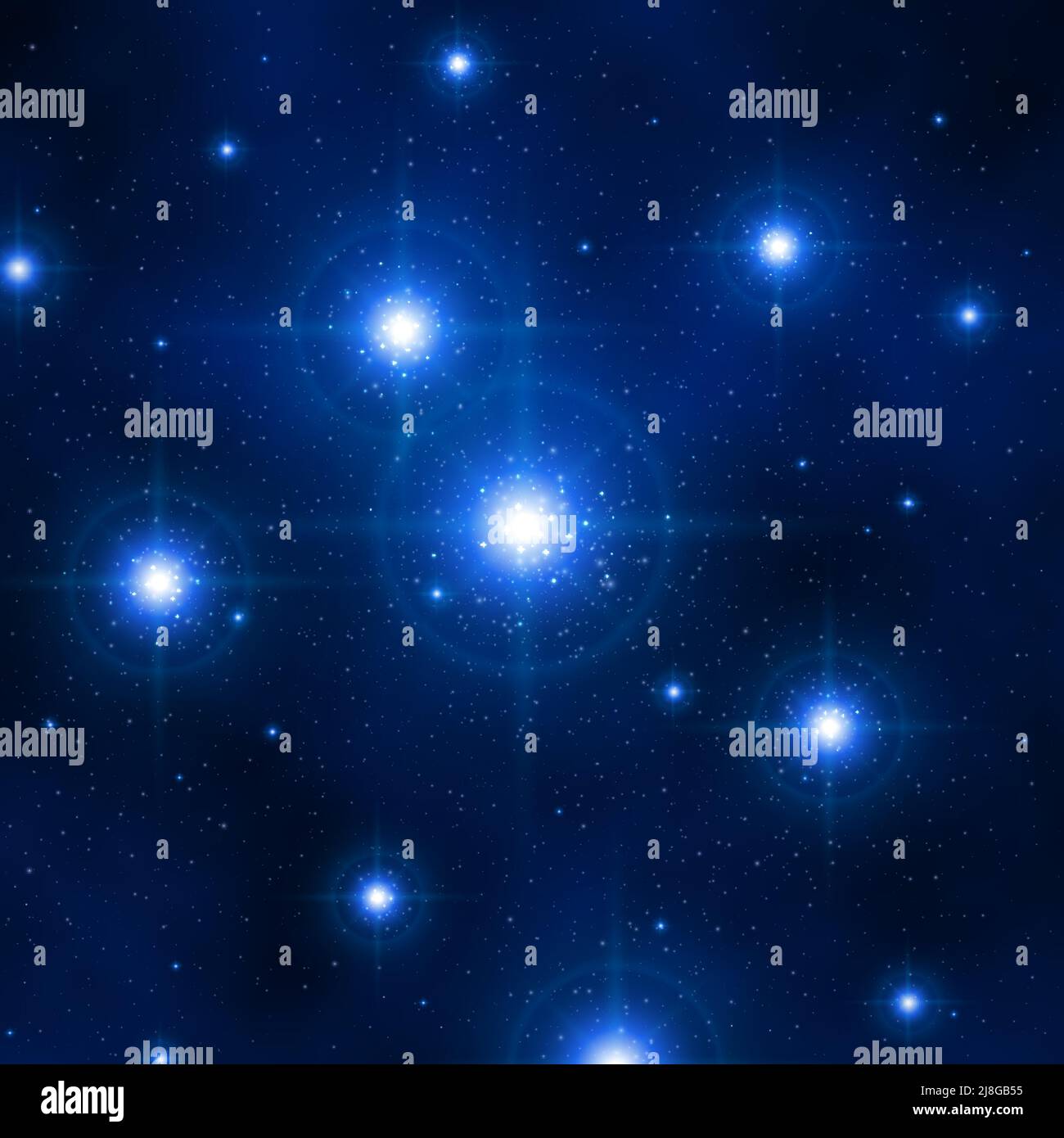 Bright blue star cluster, nebula. Shiny galaxy. Night starry sky. Glowing blue stars and galaxies in depths of space. Dark background. Bright rays Stock Vector