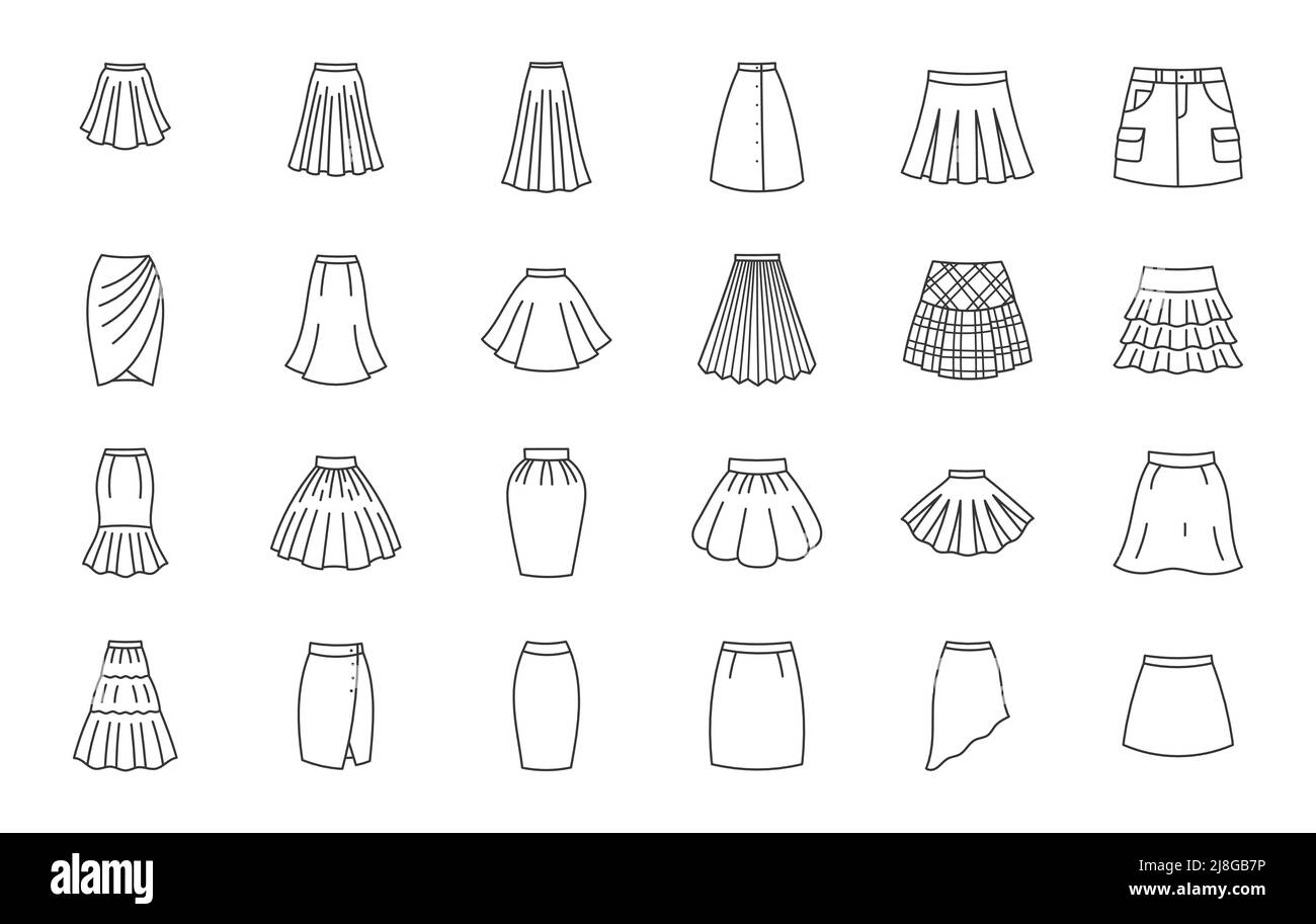 Clothes skirts doodle illustration including icons - cargo, draped, gored, plisse, kilt, bubble, sport, wrap, pencil, asymmetric petticoat. Thin line Stock Vector