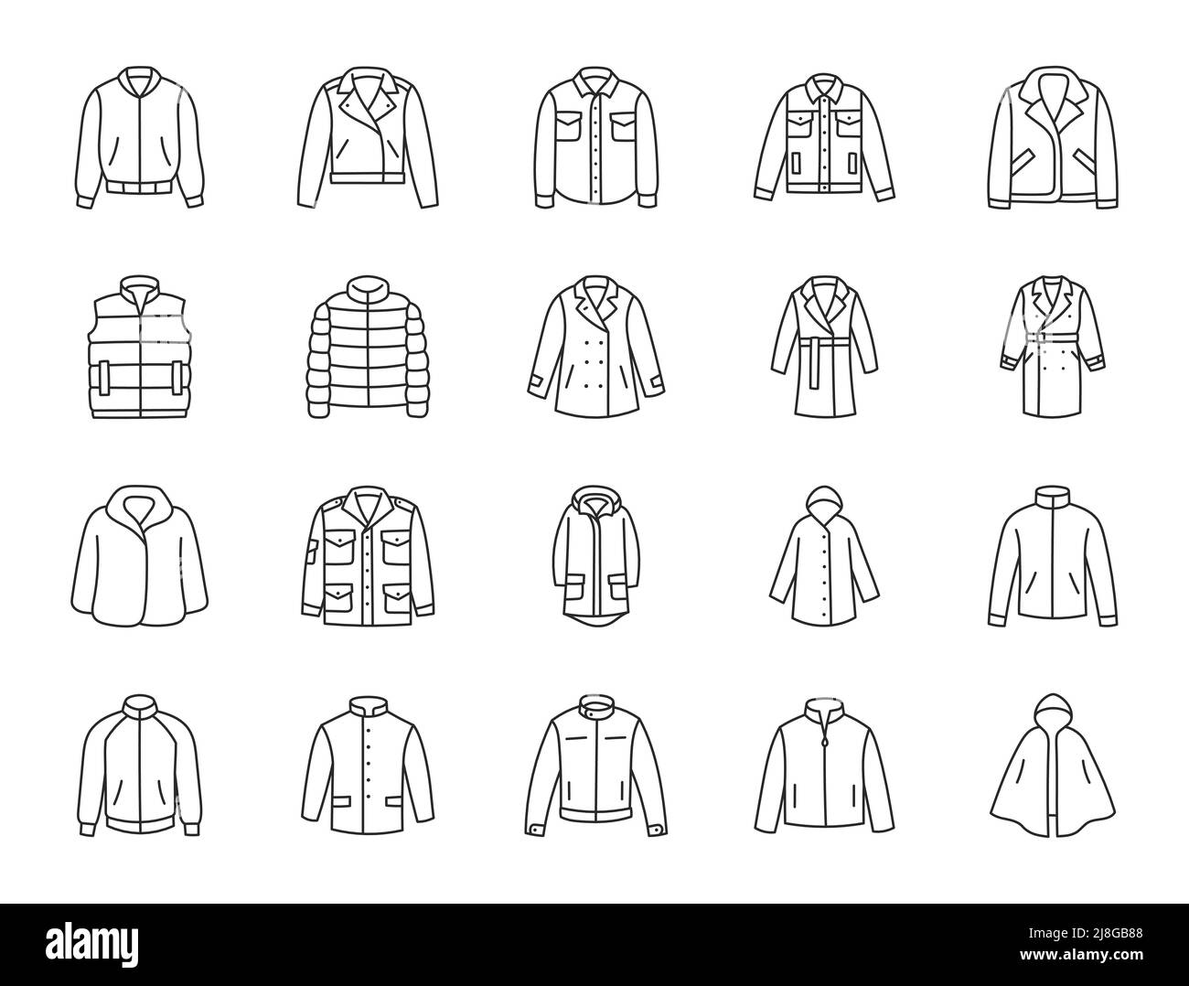 Outerwear clothes doodle illustration including icons - waterproof raincoat, windbreaker, peacoat, parka, wind cheater, tracksuit, motorbike jacket Stock Vector