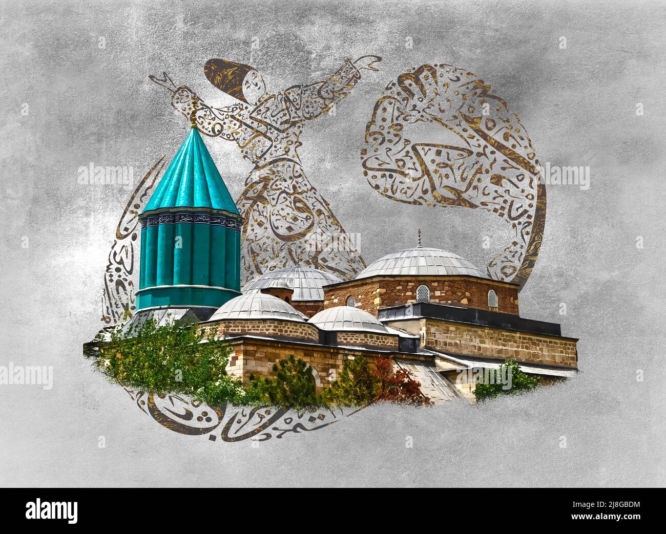 Konya Mevlana Museum and Dervish, Drawing Stock Photo