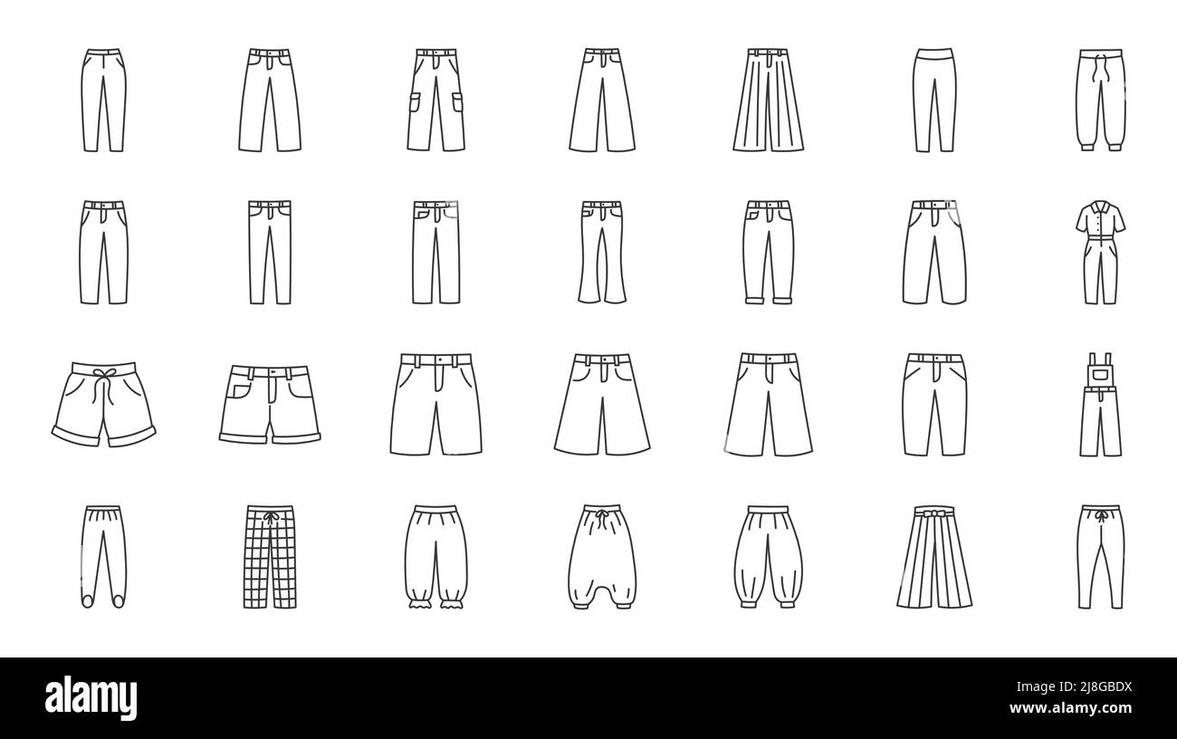 Clothes pants doodle illustration including icons - sportswear leggings, buggy, cargo, slop, bermuda, capri, stirrup, aladdin, shalwars, hakama. Thin Stock Vector