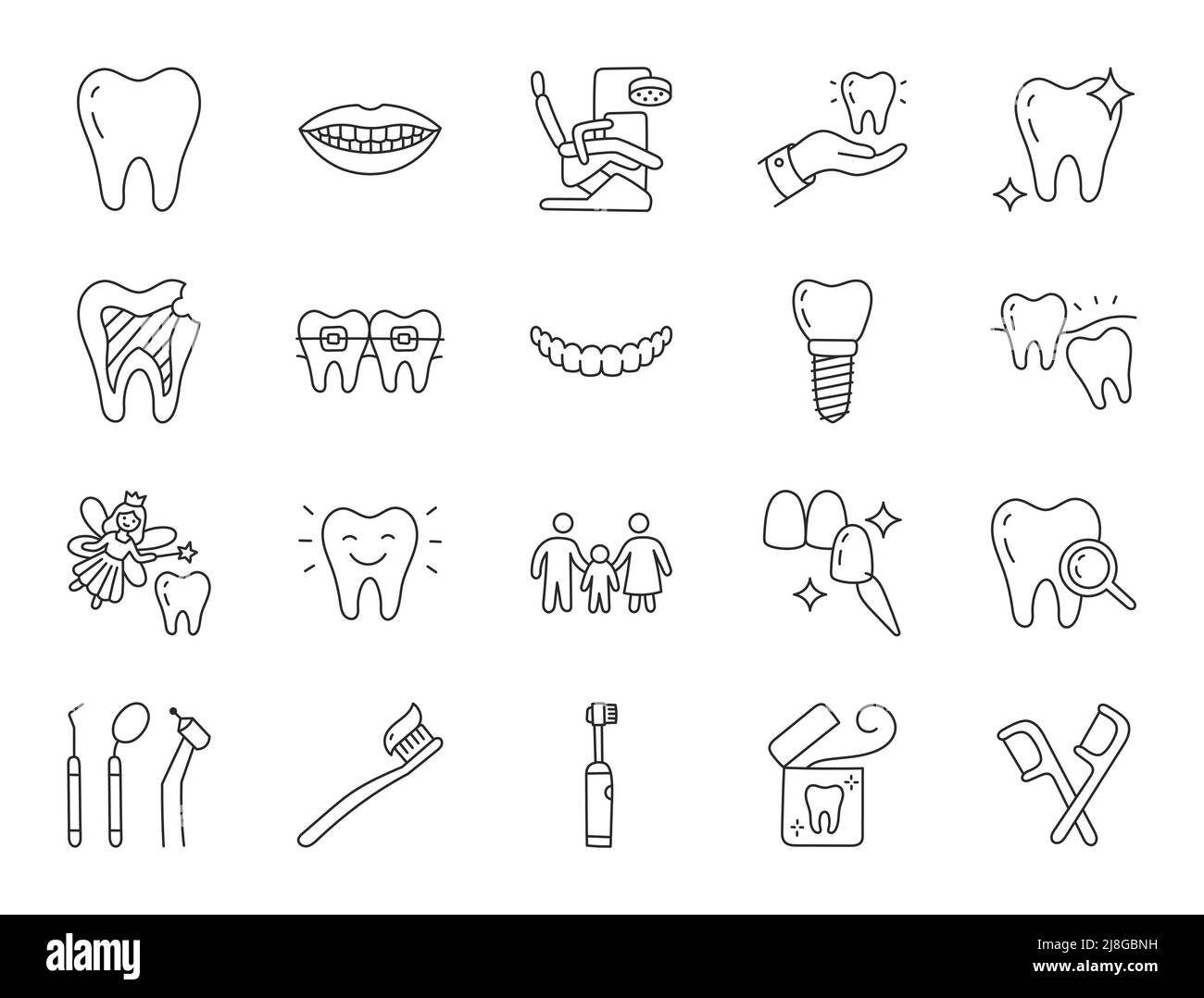 Dental clinic doodle illustration including icons - wisdom tooth, veneer, teeth whitening, braces, implant, electric toothbrush, caries, floss, mouth Stock Vector