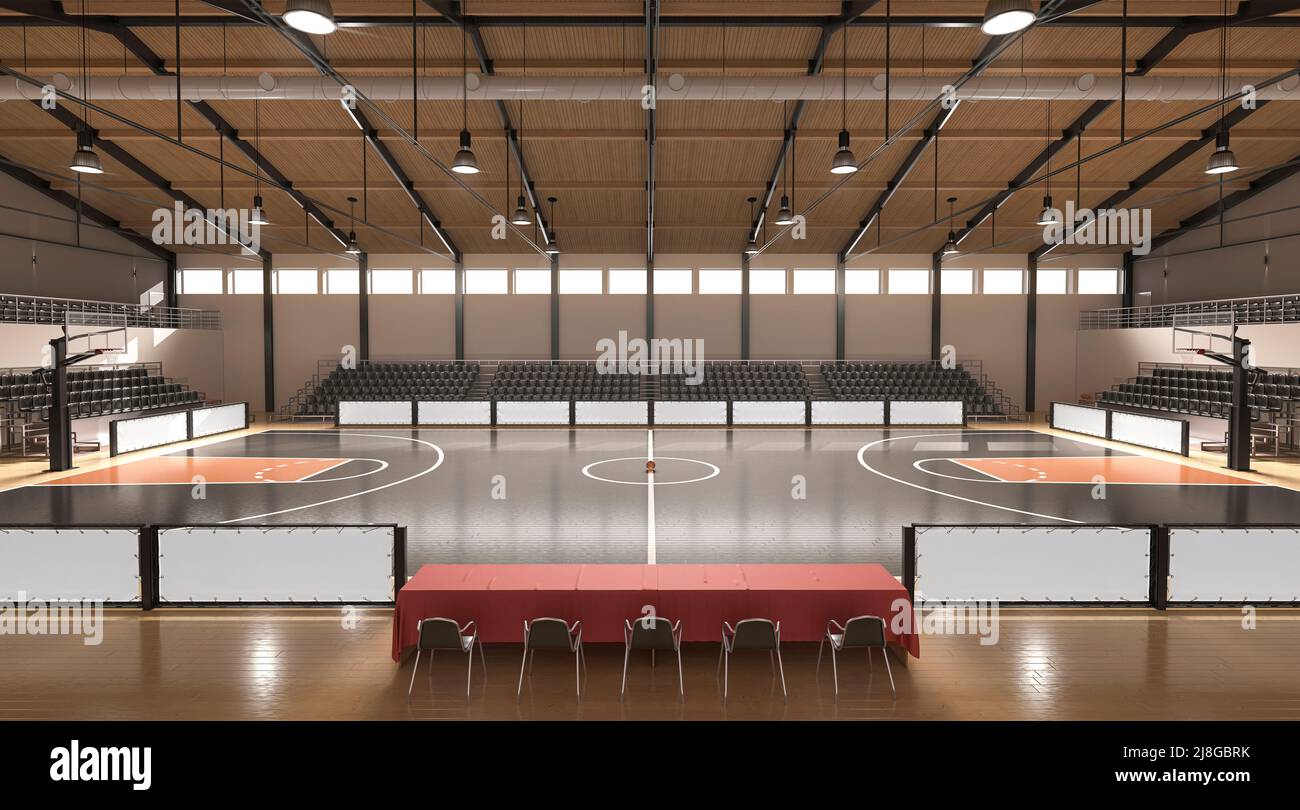 Basketball court with tribune and referee table mockup, front view
