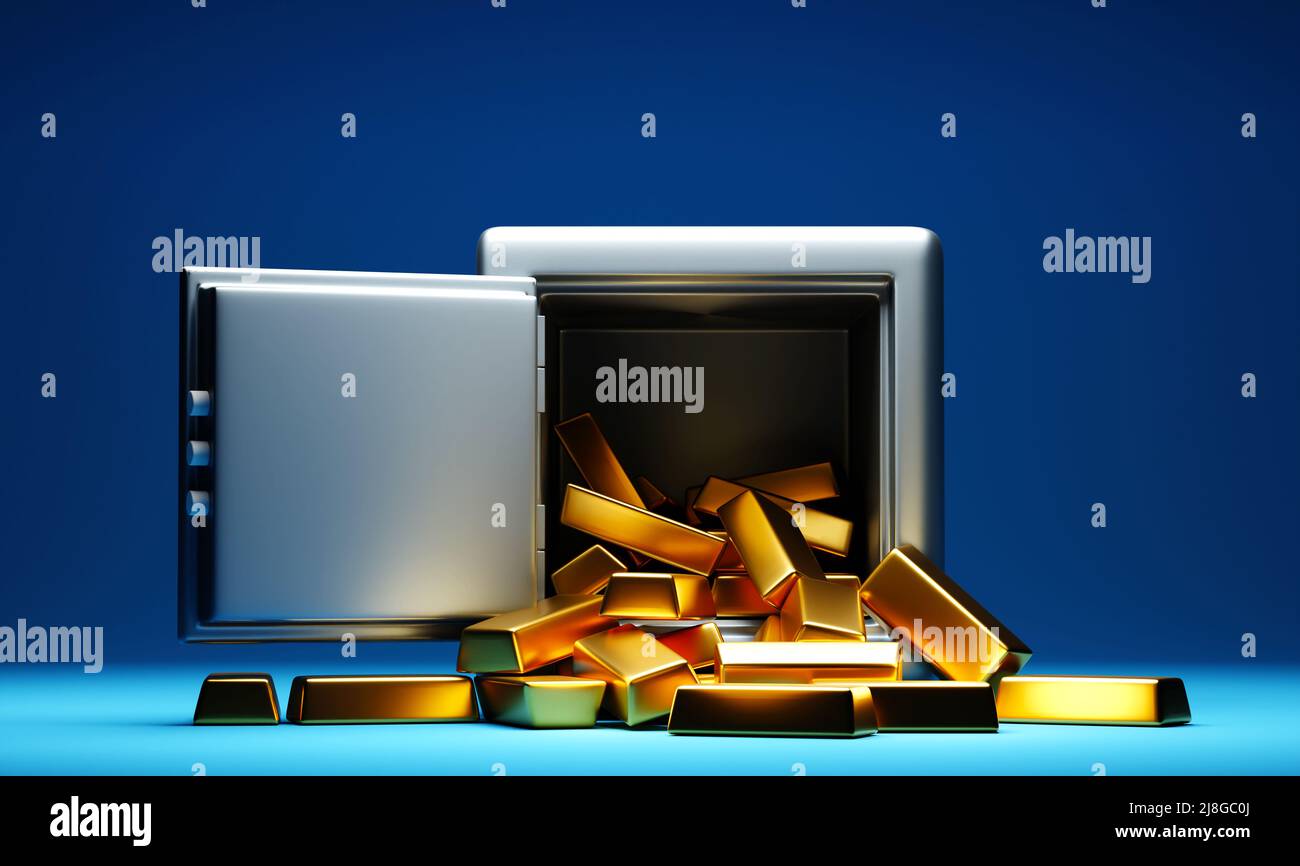 Golden bars fall out the open safe box Stock Photo