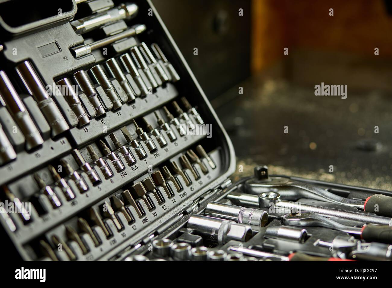 Open set box with working tools different types of metal steel heads