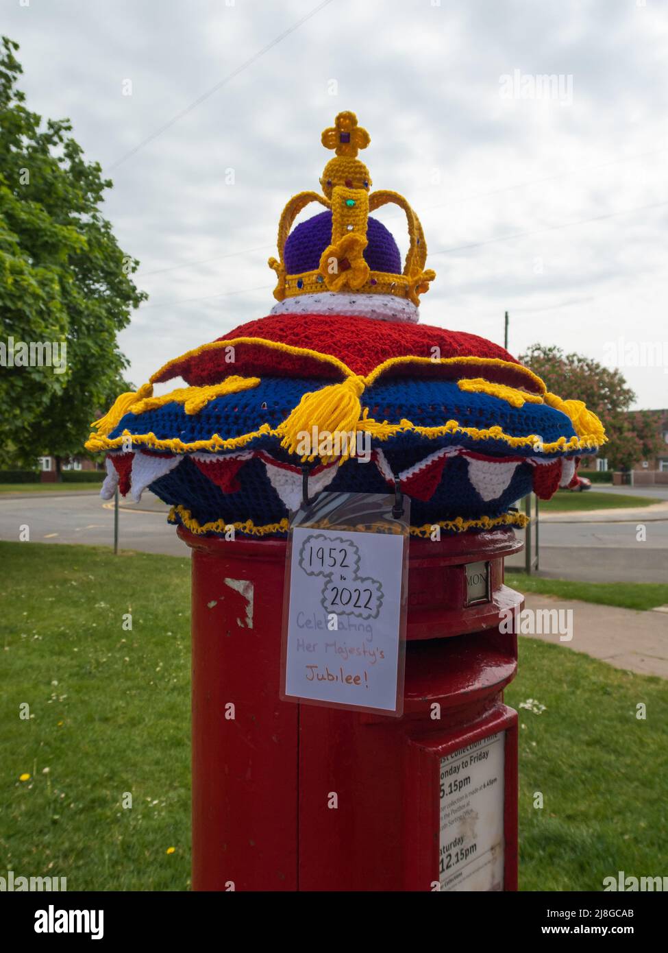 Red, postbox, post box, crocheted, Royal Mail, woolly hats, hand