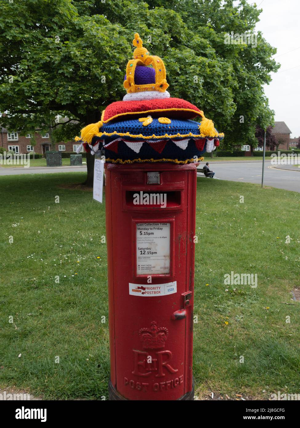 Red, postbox, post box, crocheted, Royal Mail, woolly hats, hand