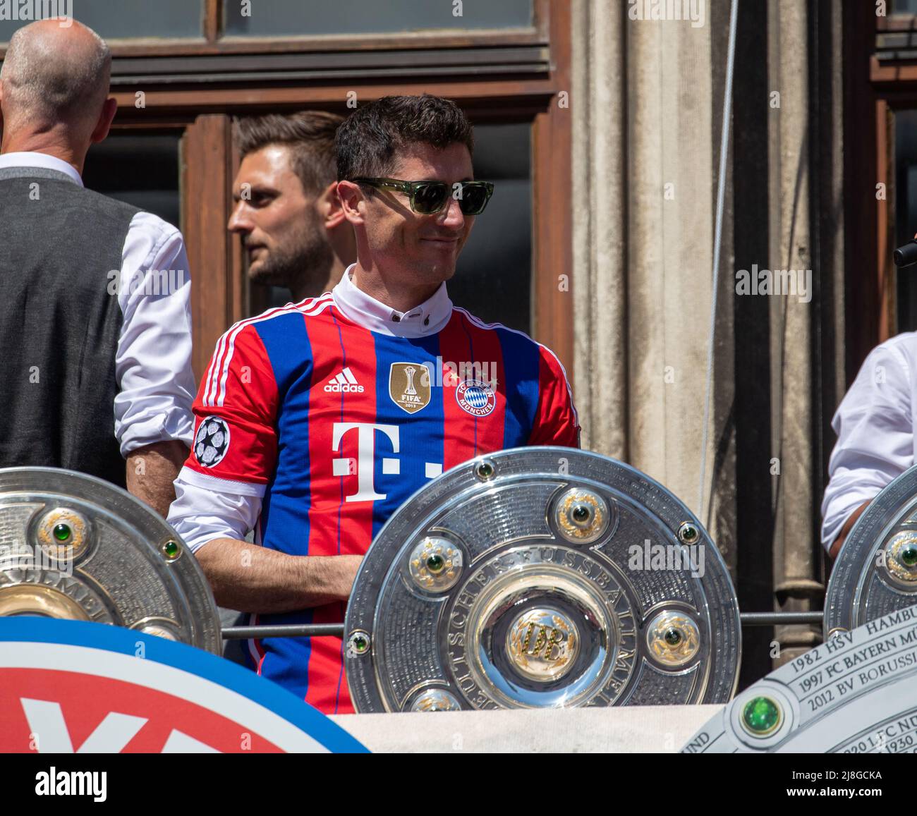 Robert Lewandowski at the celebrations of the FC Bayern Munich on May 15,  2022 on the Marienplatz in Munich, Germany. The FC Bayern won their 10th  consecutive Bundesliga title. (Photo by Alexander