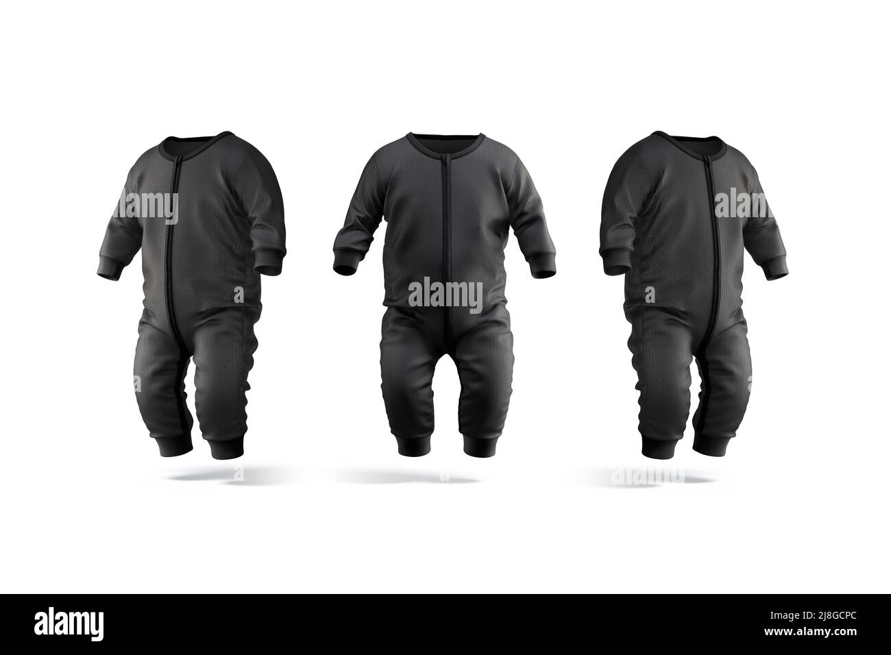 Blank black baby zip-up sleepsuit mockup, front and side view Stock Photo