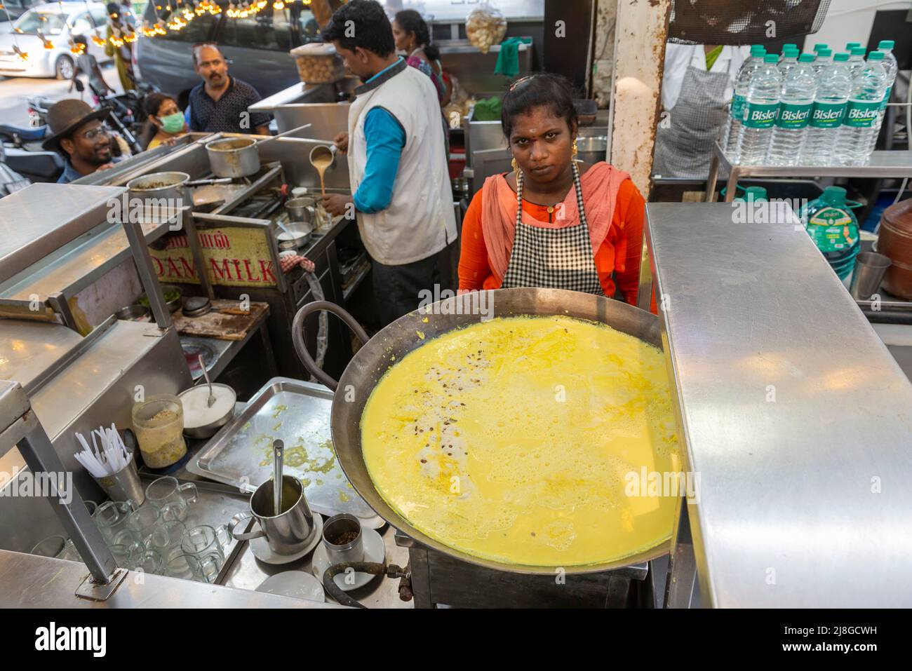 Pondicherry, India - 6th May 2022: Preparing a Badam Milk at KBS Kofi Bar in Law de Lauriston Street. Popular Indian drink made with milk and almonds Stock Photo