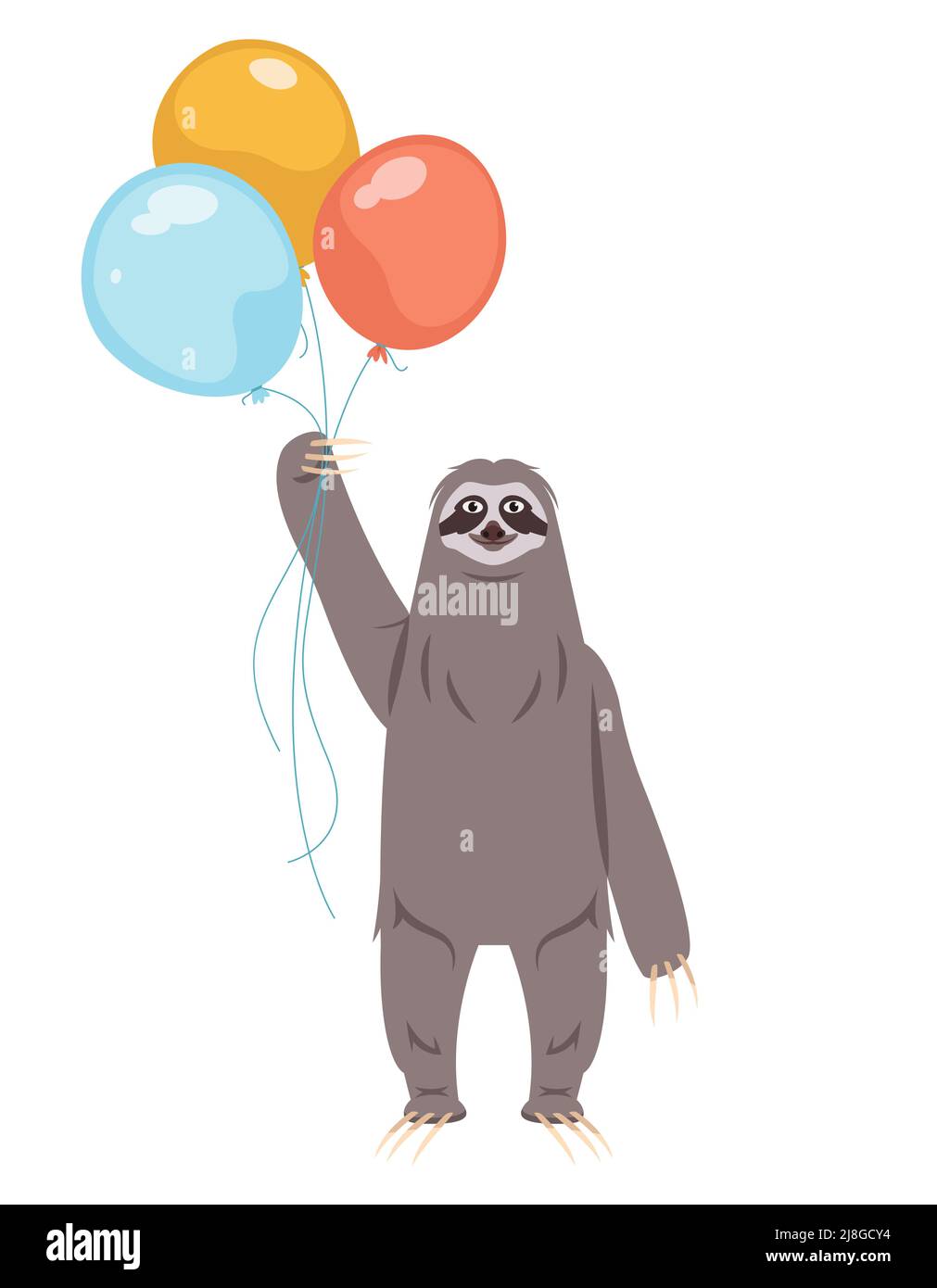 Sloth holding balloons. Animal in cartoon style. Stock Vector