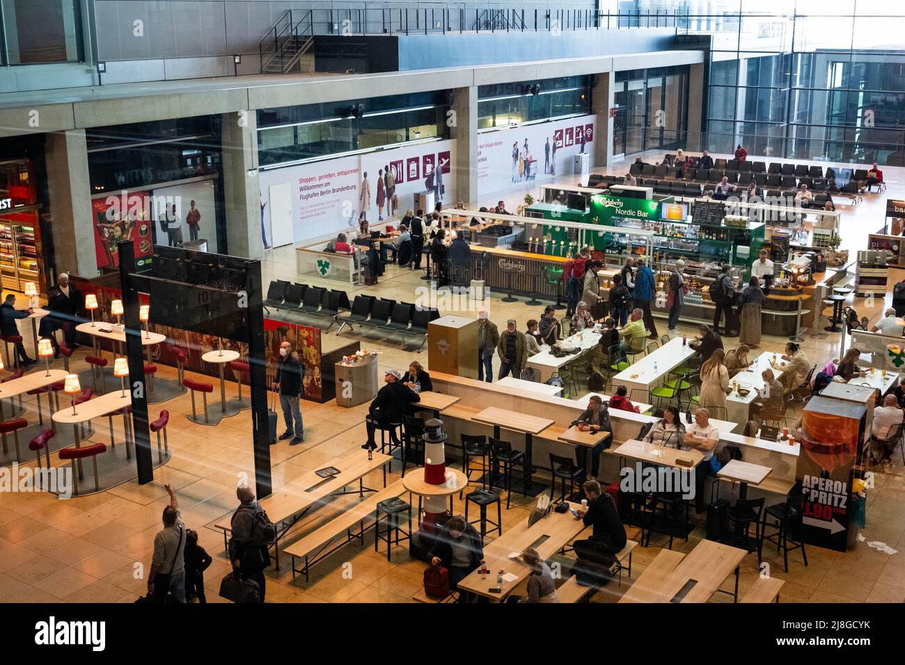 Berlin, Germany - May, 2022: Food area, inside of the Berlin Brandenburg Airport (BER, Willy Brandt) Stock Photo