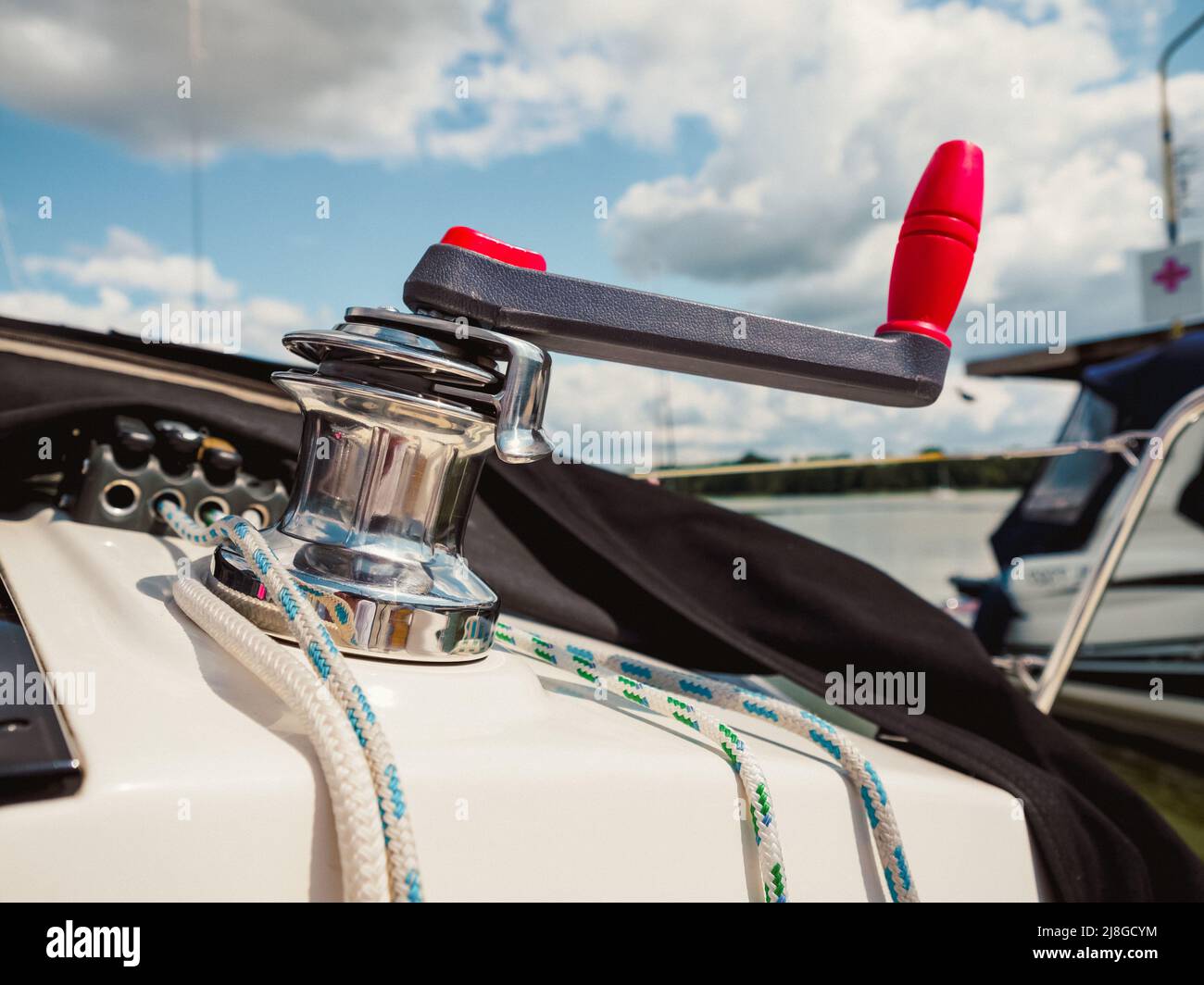 close up view of yacht winch with rope, sailboat equipment Stock Photo