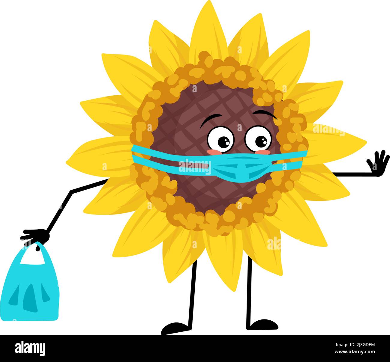 Sunflower character with face in medical mask and keep distance, hands with shopping bag and stop gesture. Plant person with care expression, yellow sun flower emoticon. Vector flat illustration Stock Vector