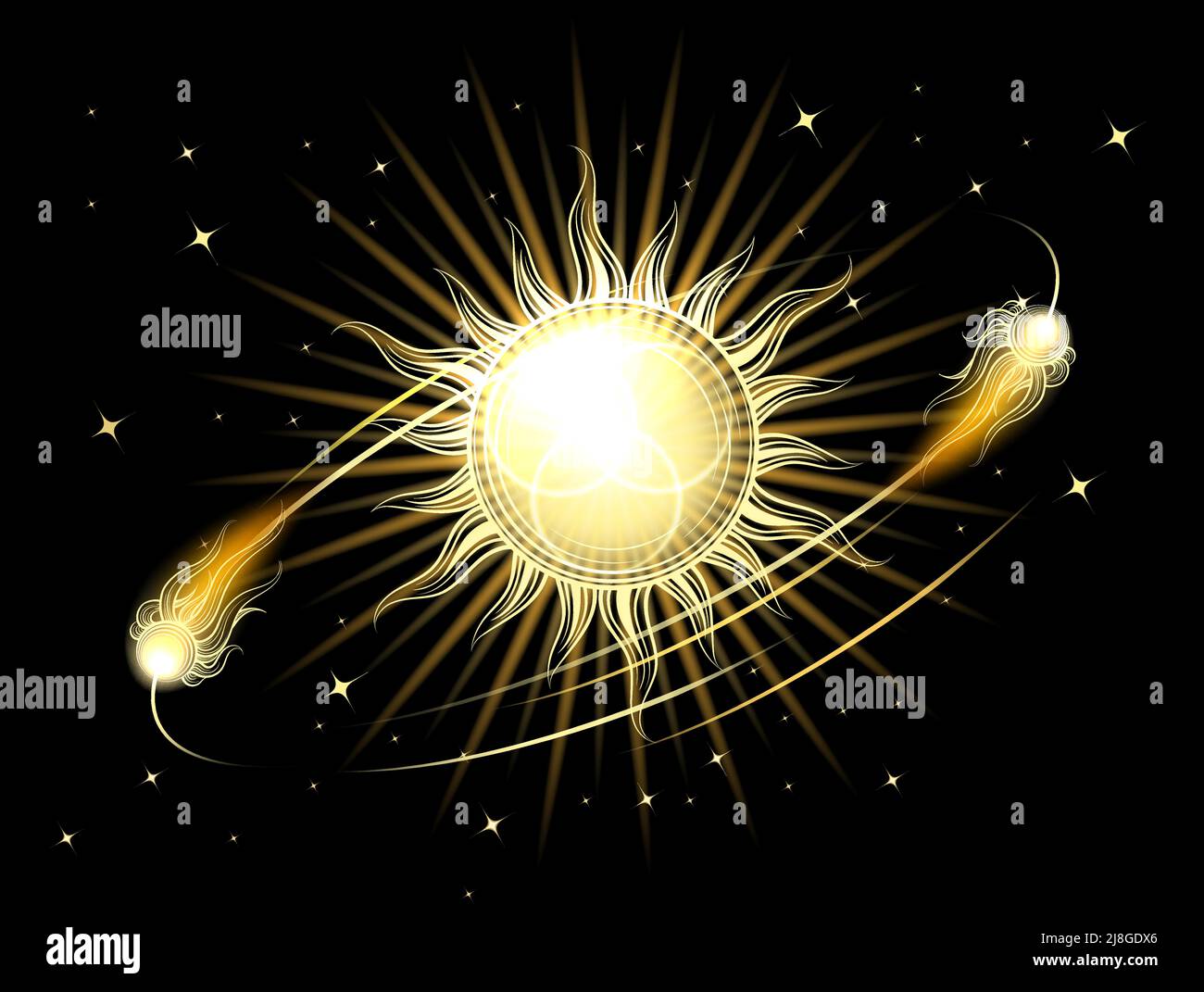 Sun stars and Comets Esoteric Symbols on black background. Vintage vector Illustration in Engraving Style Stock Vector