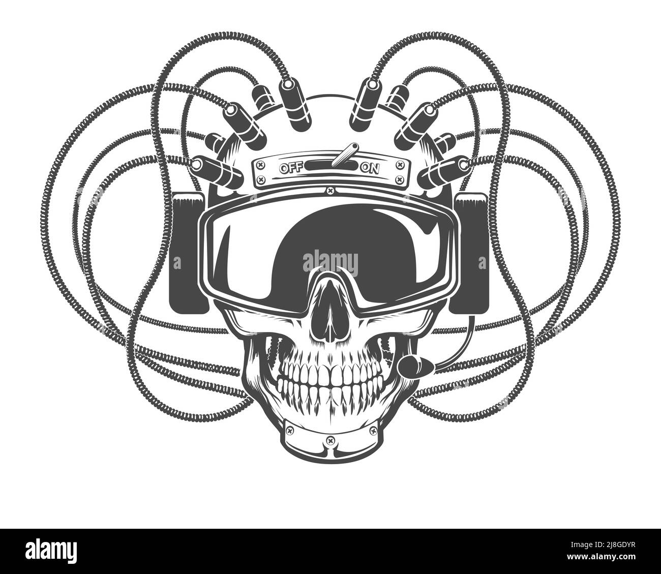 Tattoo of Cyber skull in headphones and virtual reality headset isolated on white background. Vector illustration. Stock Vector