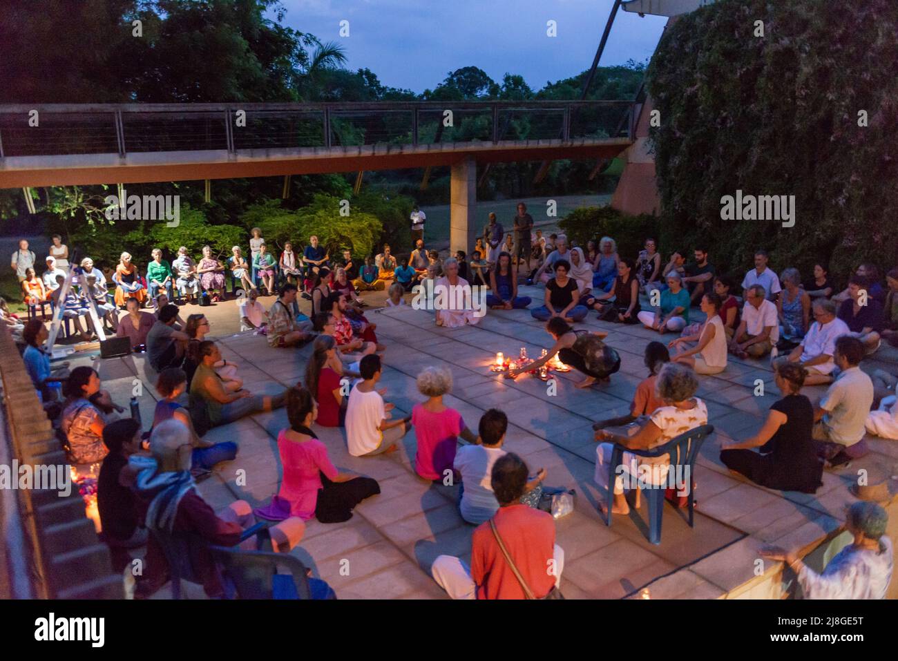 Auroville, India - 15th May 2022: The Spirit of Auroville. Collective meditation at Town Hall. Stock Photo