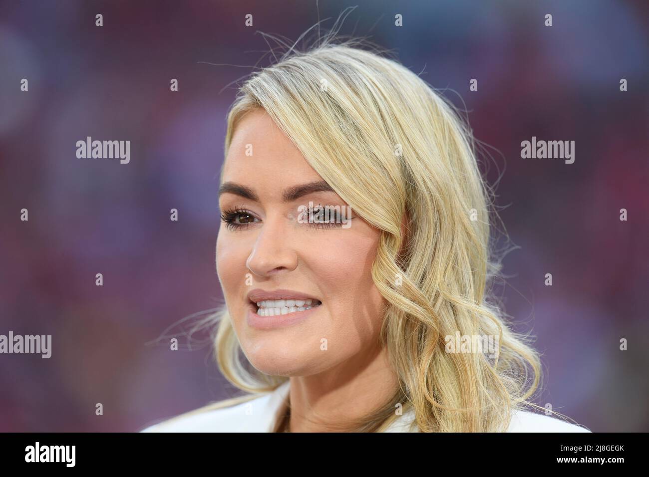 14 May 2022 - Chelsea v Liverpool - Emirates FA Cup Final - Wembley Stadium  Television and radio sports and football presenter Laura Woods, pictured whilst leading ITV's coverage of the FA Cup Final at Wembley Picture Credit : © Mark Pain / Alamy Live News Stock Photo