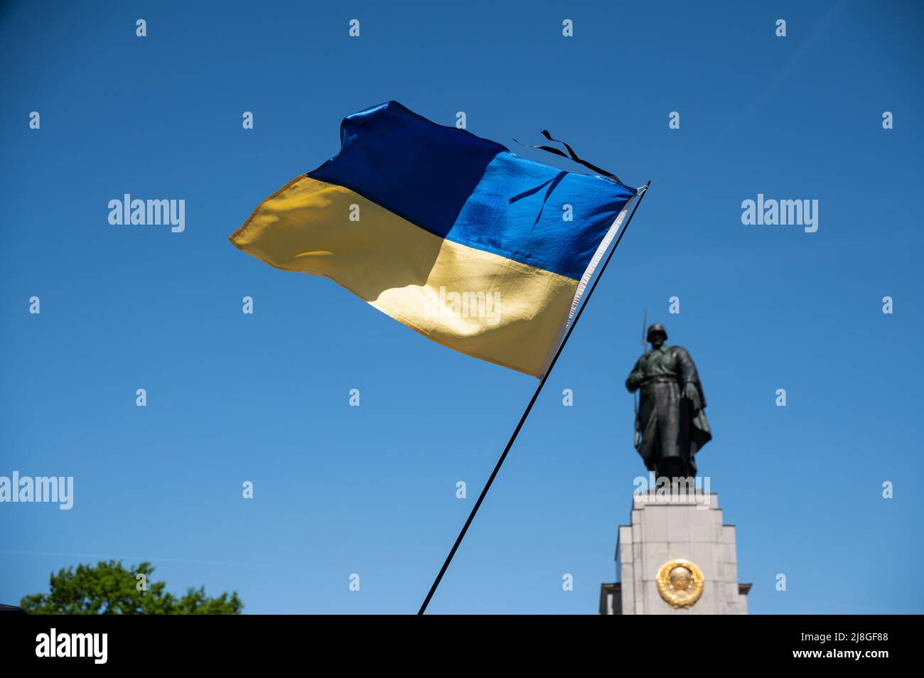 08.05.2022, Berlin, Germany, Europe - Ukrainian flag waves at Soviet War Memorial at Grosser Tiergarten during the 8th of May commemoration ceremony. Stock Photo