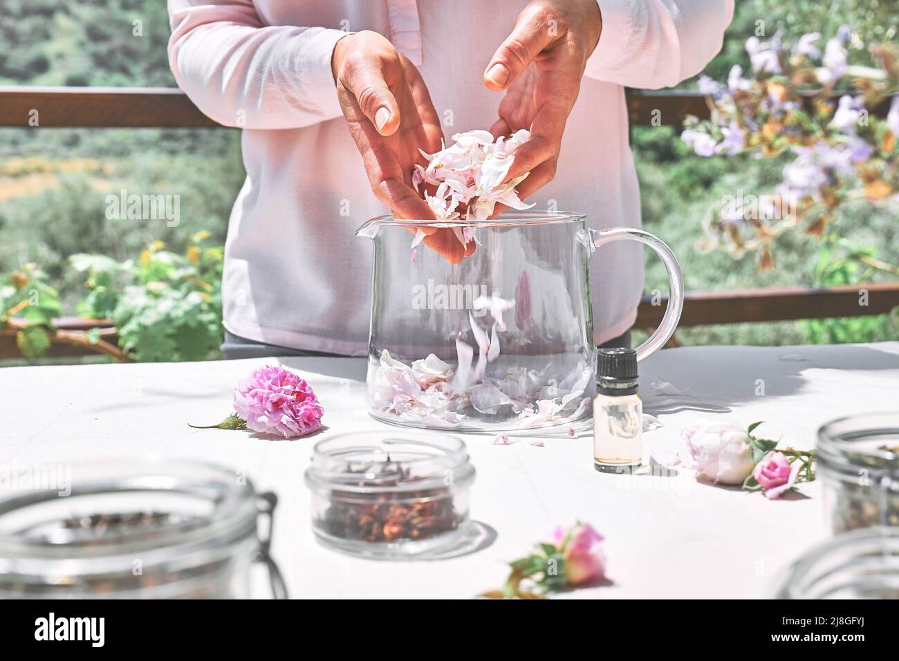 Woman preparing roses water with pink rose petals in glass bowl. Skin care and spa, natural beauty treatment, homemade cosmetics. Stock Photo