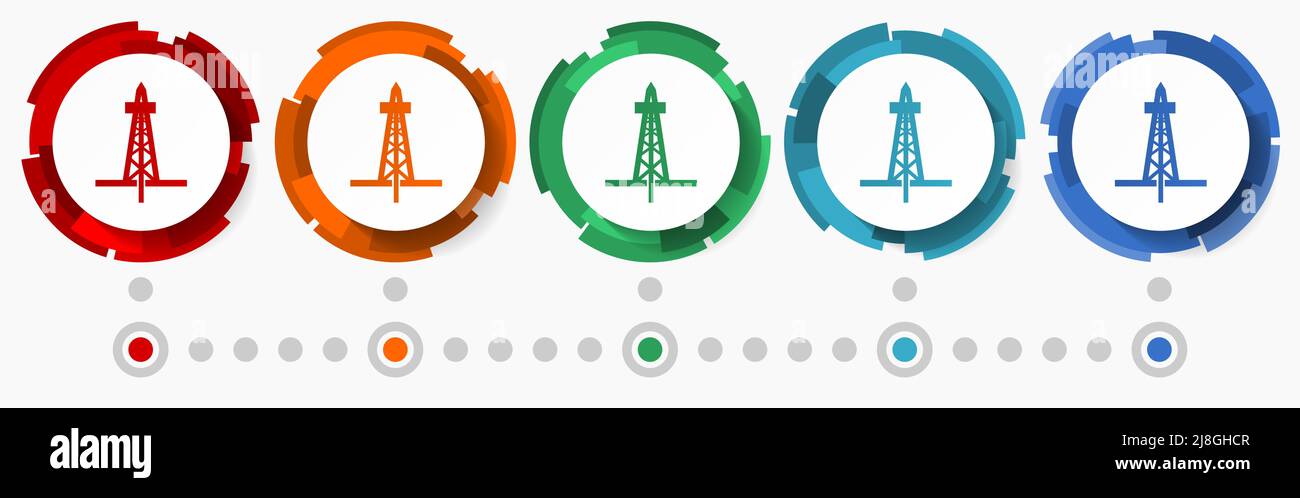 Oil and gas concept vector icon set, modern design abstract web buttons in 5 color options, infographic template Stock Vector