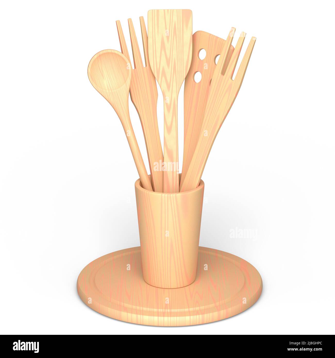 Wooden kitchen utensils, tools and equipment in holder on white