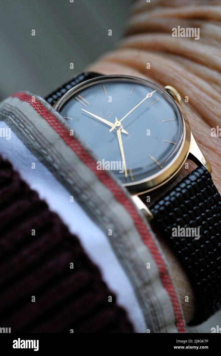 vintage black face english made wind up wristwatch Stock Photo