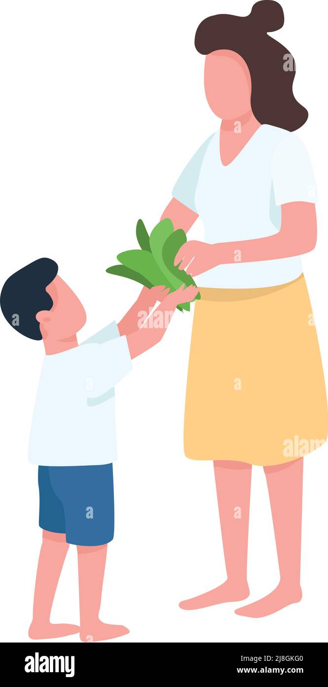 Boy helps his mother semi flat color vector characters Stock Vector