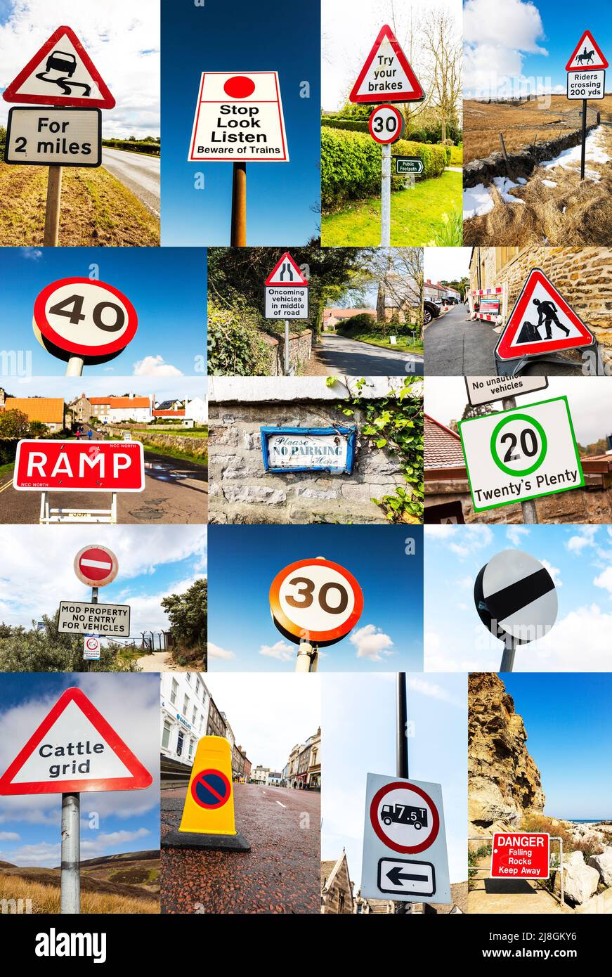 UK Road Signs Montage  UK road signs to be obeyed. uk road signs montage,uk road signs,road sign, montage,road signs,warning,danger,speed limit,no par Stock Photo