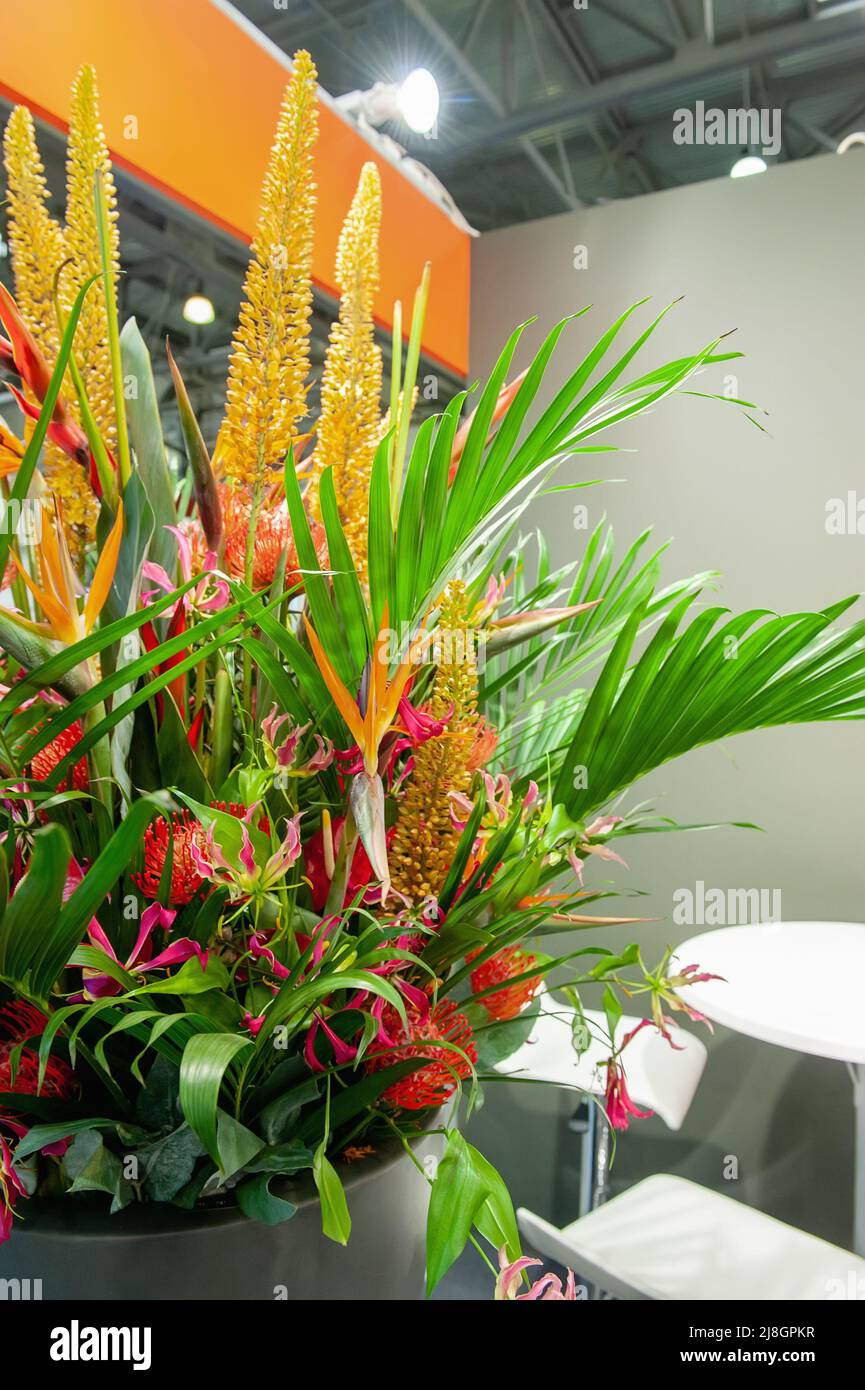 beautiful spring bouquet. flower arrangement with orchids and tropical plants. concept of floristry of a flower shop, a small family business. Stock Photo