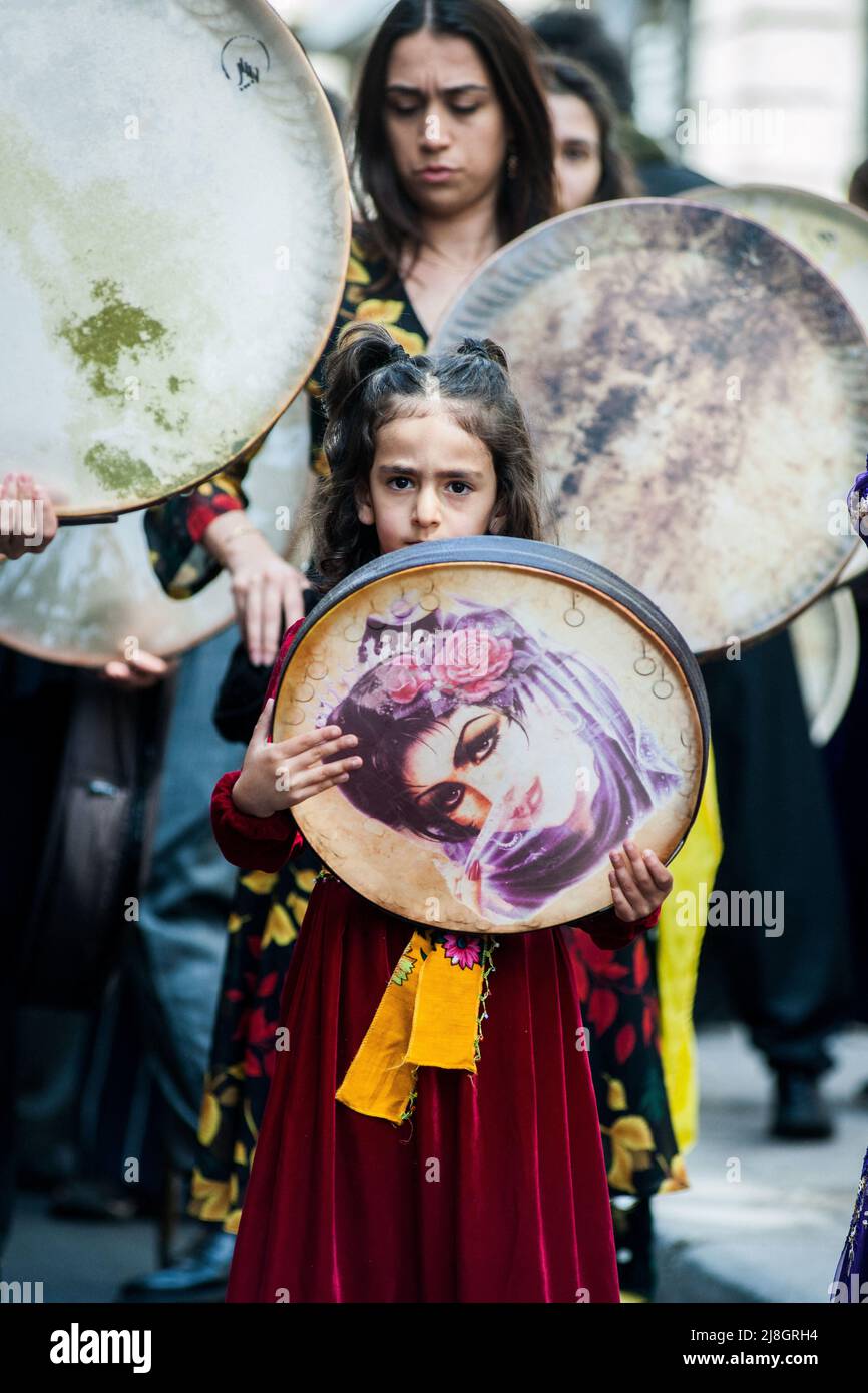 The first edition of Kurdish Cultural Festival In Paris, France, on May 14, 2022. Kurdish musicians and dancers, for the first day of Kurdish cultural festival.Festival will be on 14-28 May, to showcase the culture of Kurdistan, the land that saw the first civilisations and the birth of agriculture, through its music, songs, dances, cuisine, cinema and drama. Photo by Pierrick Villette/ABACAPRESS.COM Stock Photo