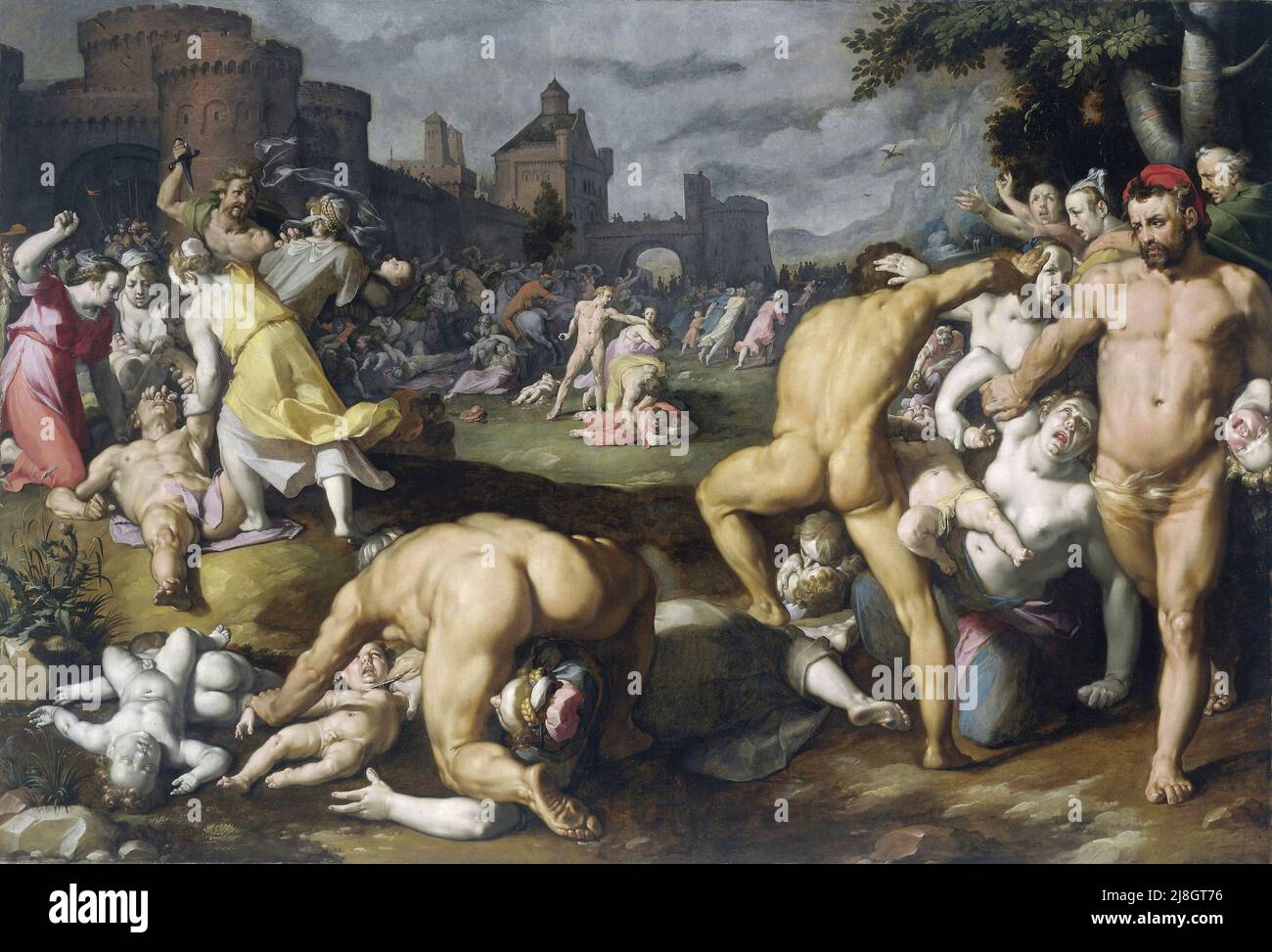 The Massacre of the Innocents  by Cornelis van Haarlem. In this christian myth, the Three Magi asked where to find the newborn 'King of the Jews'. The Roman ruler Herod felt his position threatened amd ordered the murder of all baby boys. The father of Jesus was warned in a rea, of the event and was advised to go to Egypt, in the episode known as The Flight Into Egypt. Stock Photo